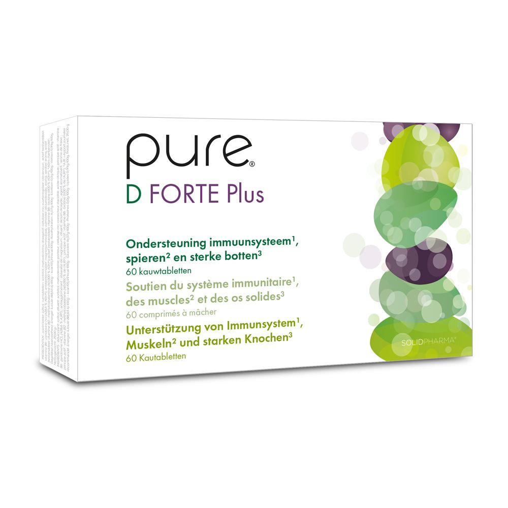 Witte doos pure D FORTE Plus. Groen-paarse afbeelding. Tekst: 3000 IE vitamine D3, 60 kauwtabletten.
