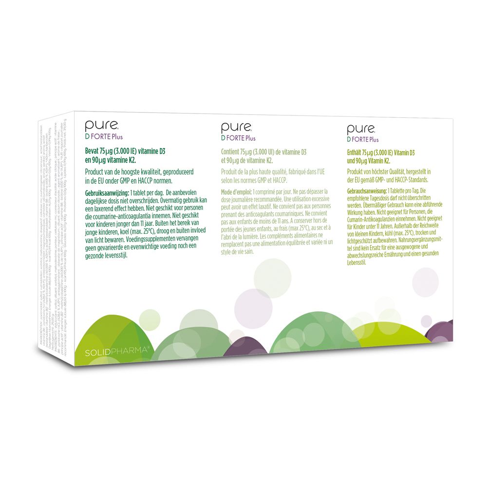 Boîte blanche pure D FORTE Plus. Graphique vert-violet. Texte : 3000 UI vitamine D3, 60 comprimés à mâcher.