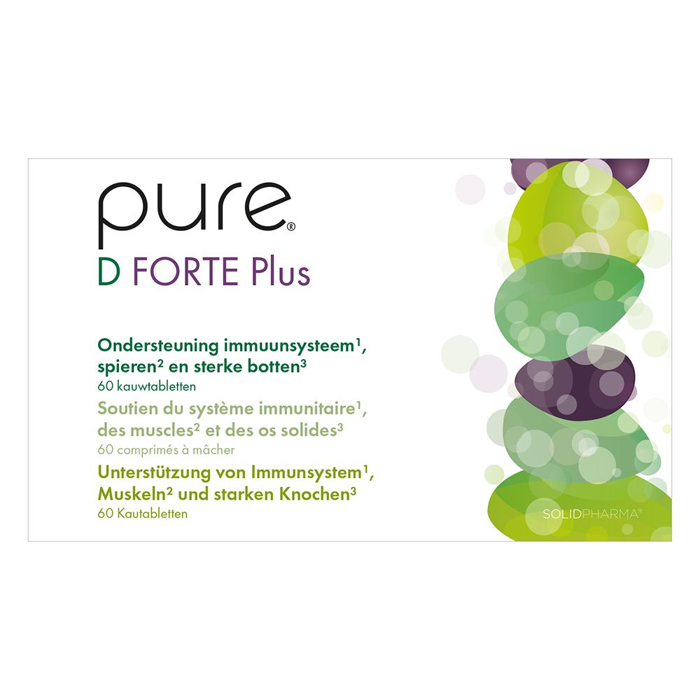 Witte doos pure D FORTE Plus. Groen-paarse afbeelding. Tekst: 3000 IE vitamine D3, 60 kauwtabletten.