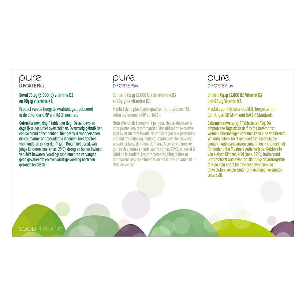 Boîte blanche pure D FORTE Plus. Graphique vert-violet. Texte : 3000 UI vitamine D3, 60 comprimés à mâcher.
