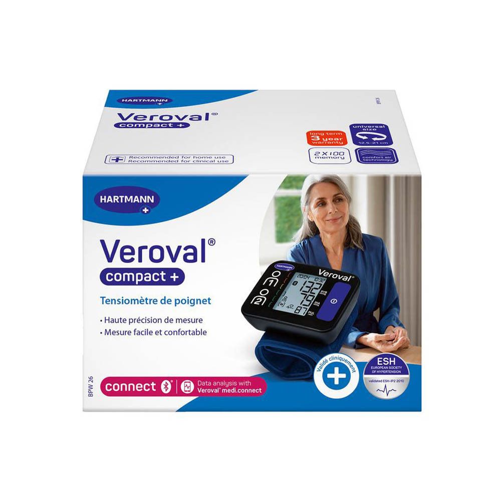 Veroval compact+ tensiomètre poignet. Appareil noir avec bracelet bleu, écran avec valeurs. Boîte avec femme.