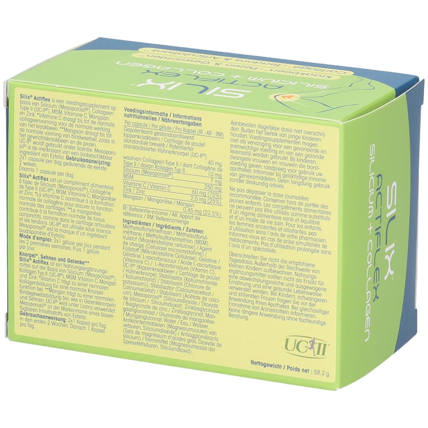 Achterkant van de Silix Actiflex verpakking met voedingsinformatie en ingrediënten.