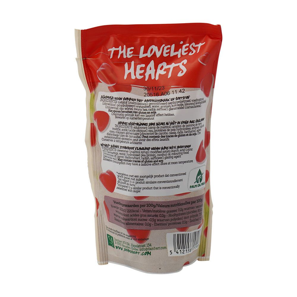 Achterkant van de verpakking met tekst en rode hartvormige snoepjes. Opschrift: The loveliest Hearts. Informatie over ingrediënten en voedingswaarde.