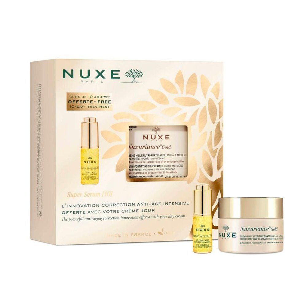 Geschenkset Nuxe Nuxuriance Gold. Beige doos met producten en tekst. Zichtbaar serum en crème. Opschrift: Super Serum [10].