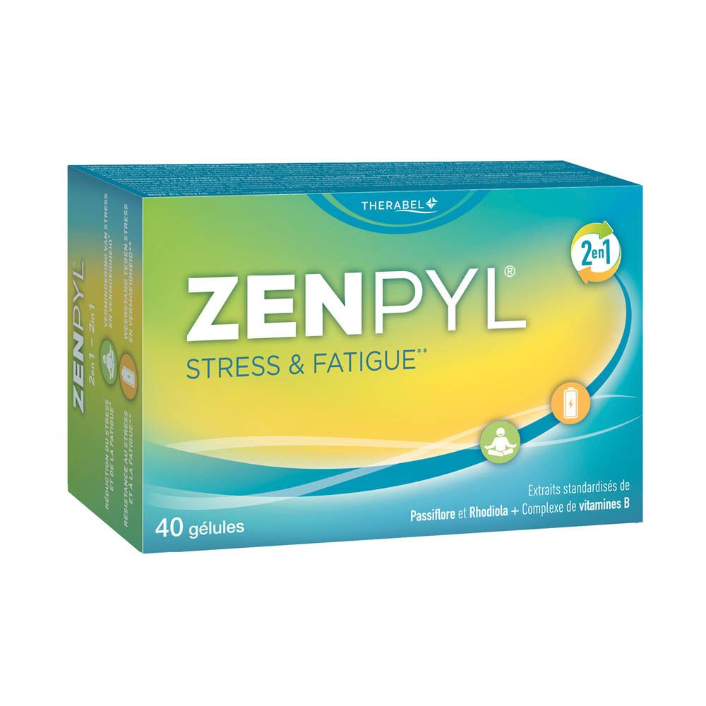 Boîte de Zenpyl. Inscription : Stress & Fatigue. 40 gélules. Contient extraits et vitamines.