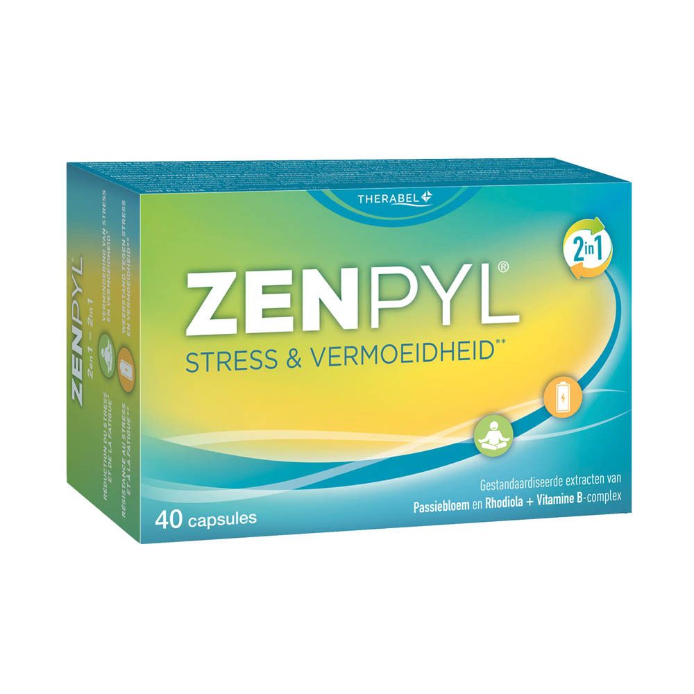 Doos Zenpyl. Opschrift: Stress & Vermoeidheid. 40 capsules. Bevat extracten en vitaminen.