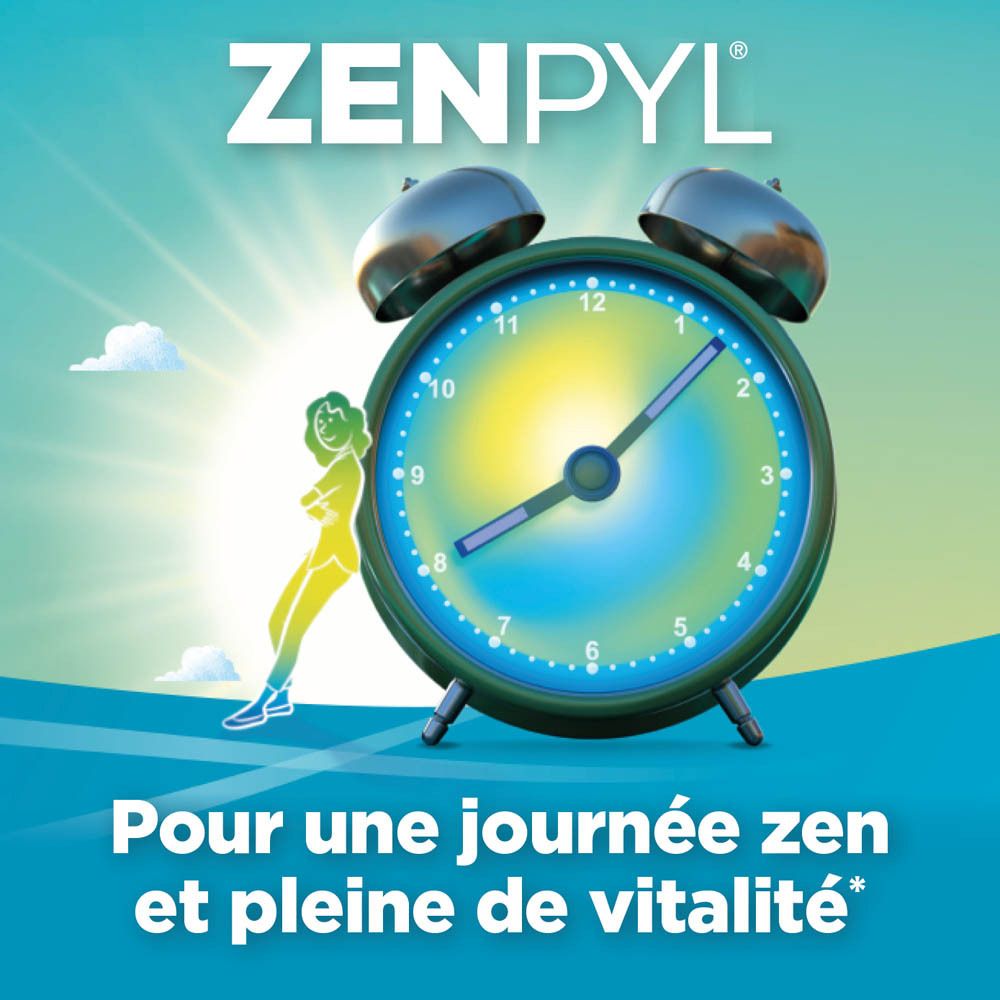 Logo Zenpyl avec réveil. Texte : Pour une journée zen et pleine de vitalité.