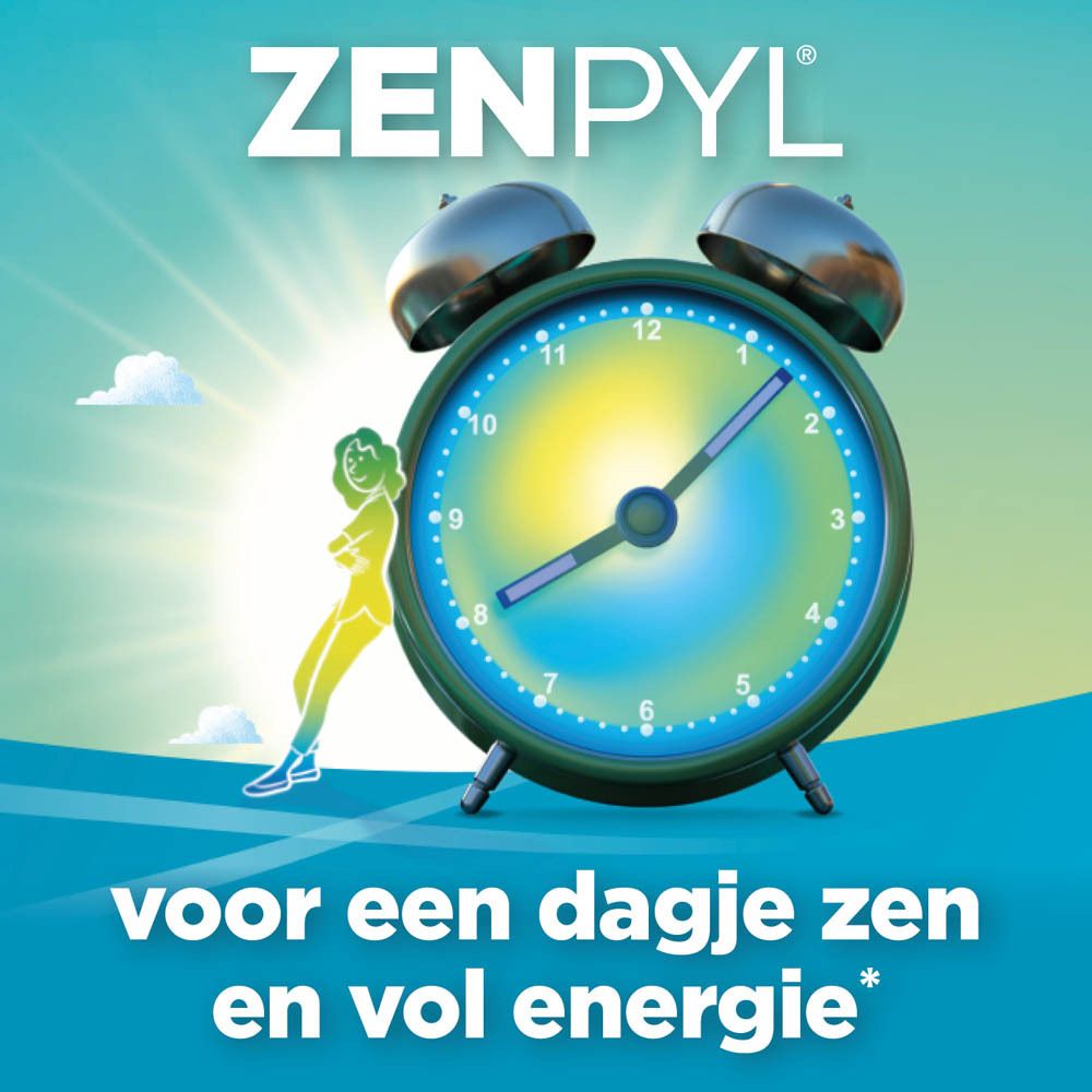 Zenpyl logo met wekker. Tekst: voor een dagje zen en vol energie.