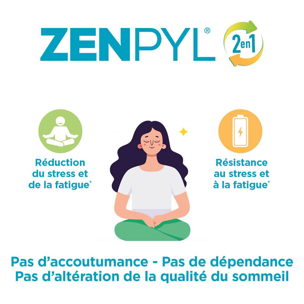 Graphique avec logo Zenpyl et symboles. Texte : Réduction du stress et de la fatigue.