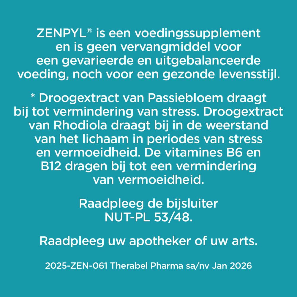 Tekst over Zenpyl. Voedingssupplement, geen vervanging voor evenwichtige voeding.