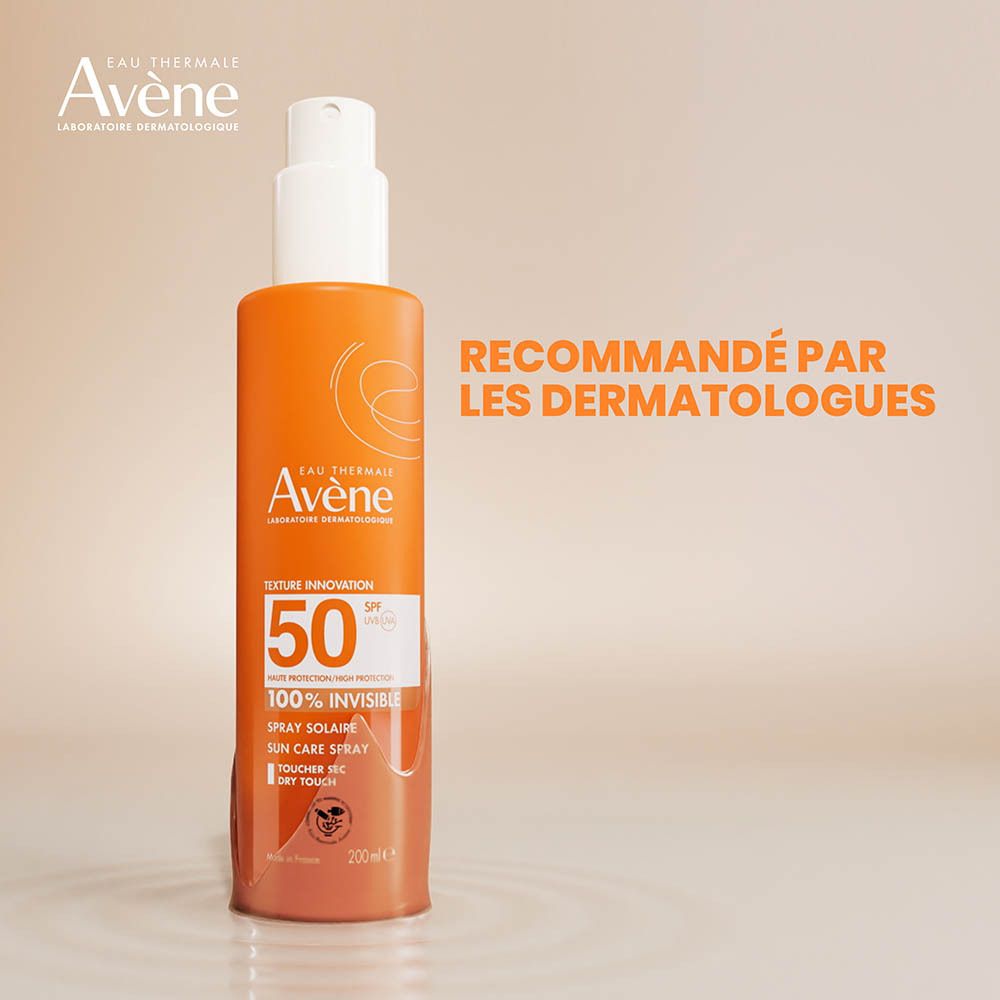 Spray solaire Avène SPF 50, 200ml, texture invisible, recommandé par les dermatologues.