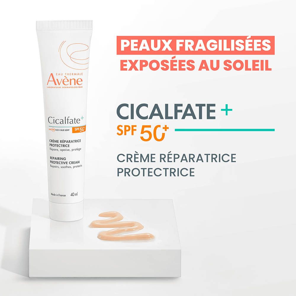 Avène Cicalfate+ crème réparatrice protectrice SPF 50+ en tube de 40ml et sa boîte.