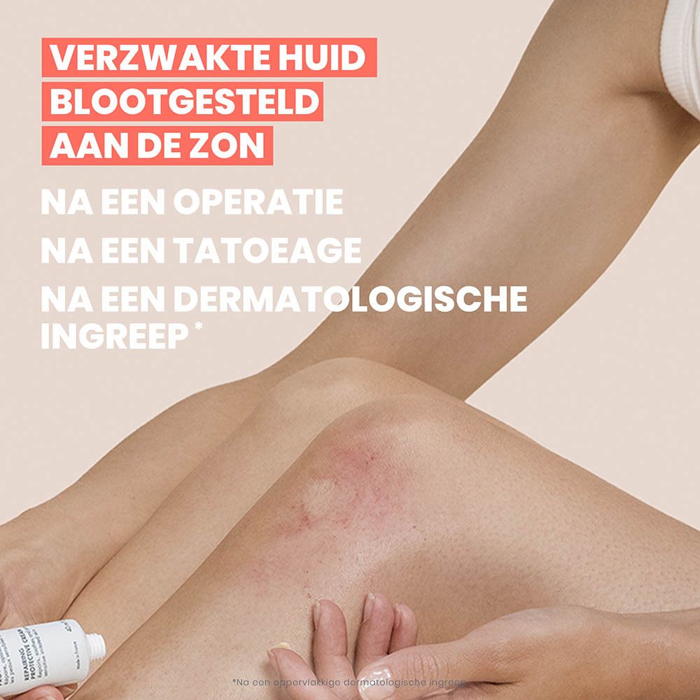 Avene Cicalfate+ herstellende beschermende crème met SPF 50+ aangebracht door een vrouw op haar arm.
