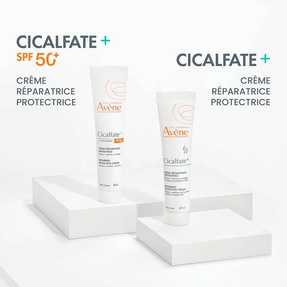 Crème réparatrice protectrice Avene Cicalfate+ SPF 50+ en tube, présentée sur une surface blanche.