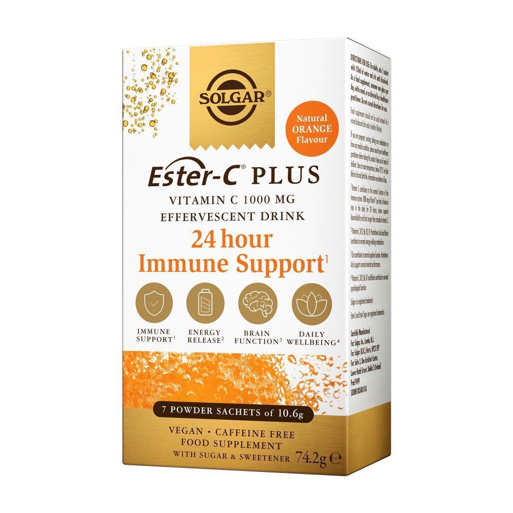 Solgar Ester-C Plus Vitamine C-verpakking. Bevat 7 zakjes bruispoeder. Veganistisch, cafeïnevrij, met zoetstof.