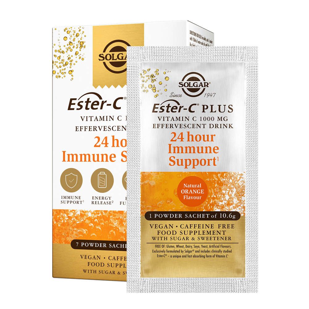 Solgar Ester-C Plus Vitamine C 1000 mg. Boîte et sachet individuel. Inscription: Soutien immunitaire 24 heures, végétalien.