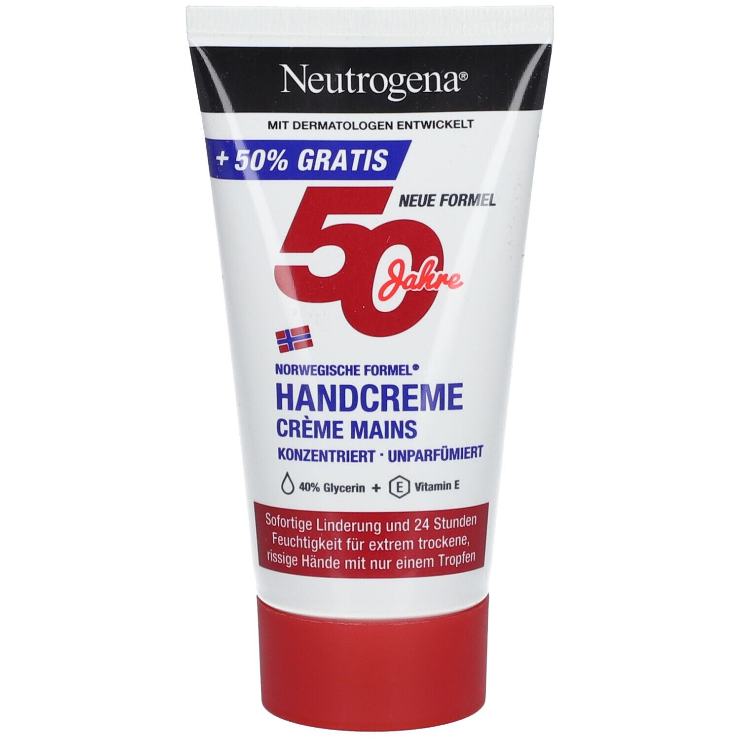 Tube de crème pour les mains blanche et rouge. Inscription bleue : +50% gratuit. Rouge : 50 ans. Texte : Handcreme, Crème Mains, sans parfum. Contient glycérine et vitamine E.