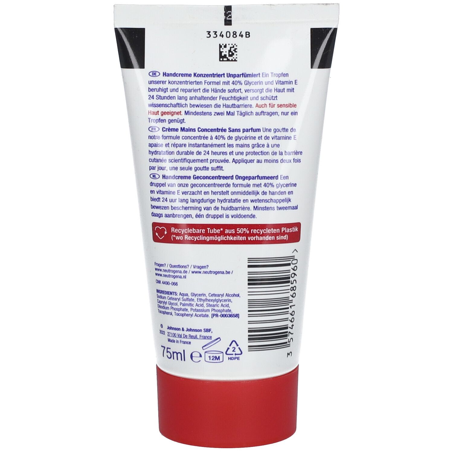 Dos du tube de crème pour les mains. Texte en allemand, français et néerlandais. Bouchon rouge. Contient 75 ml. Tube recyclable en plastique recyclé à 50 %.
