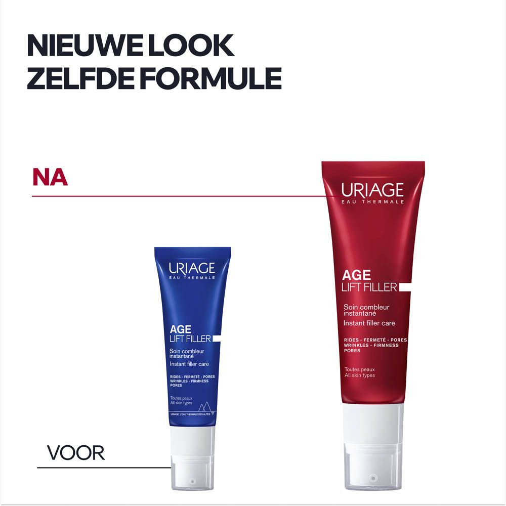Close-up van een huid met Uriage Age Lift Filler crème.