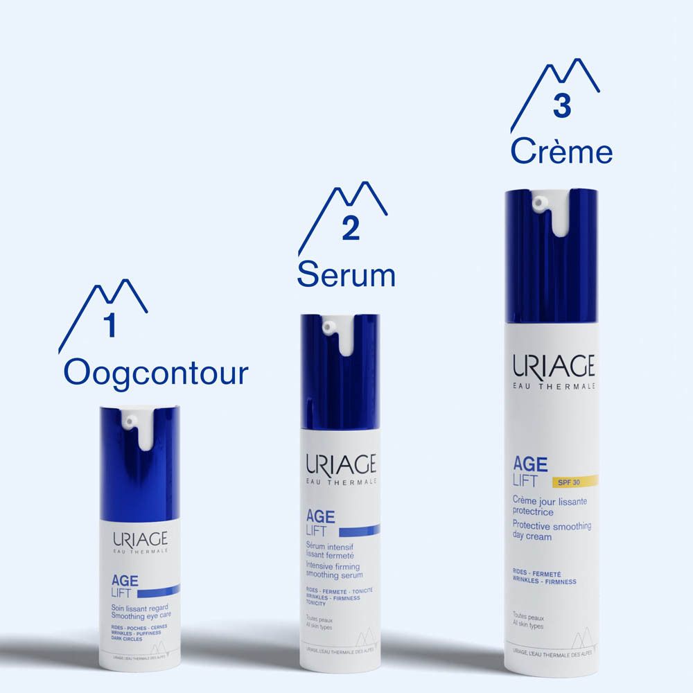Wit-blauwe tube met tekst en SPF30. Uriage Age Lift dagcrème.