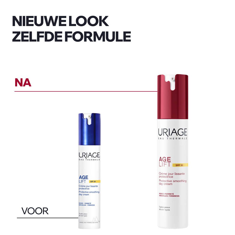 Uriage Age Lift gladmakende dagcrème SPF30, fles met blauwe dispenser.