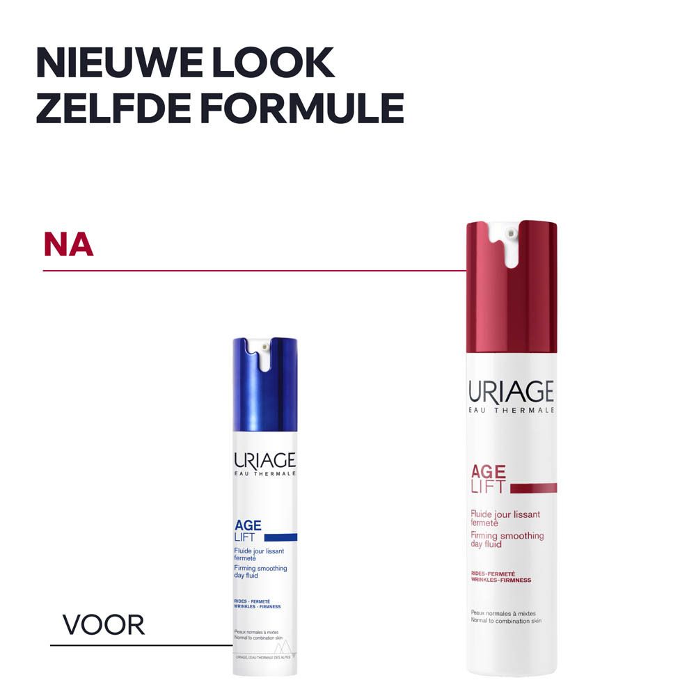 Uriage Age Lift gladmakende verstevigende dagfluid in witte fles met blauwe pomp.