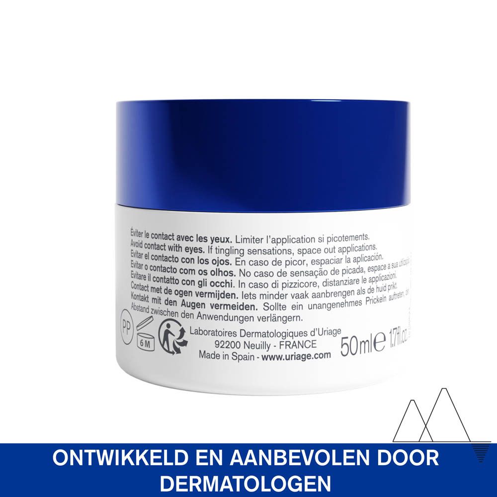Crèmepot met blauwe deksel. Opschrift: Uriage, Age Lift Peel, Crème nuit peau neuve. Maansymbool.