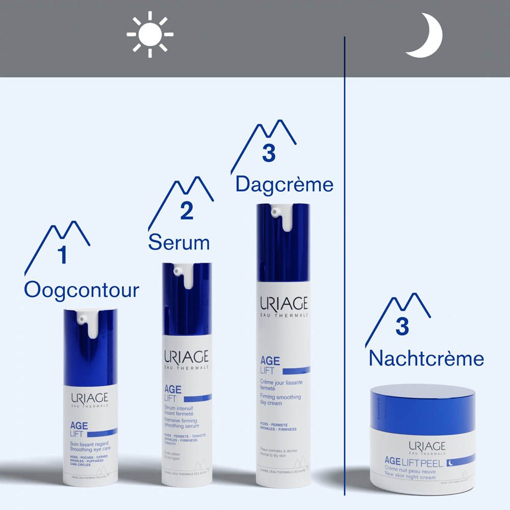 Crèmepot met blauwe deksel. Opschrift: Uriage, Age Lift Peel, Crème nuit peau neuve. Maansymbool.