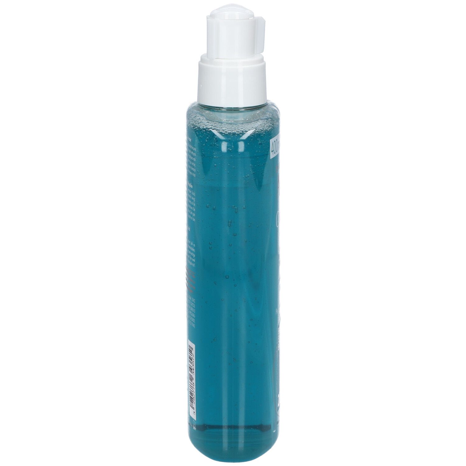 Cilindrische transparante fles, blauwe inhoud, witte pomp. Etiket met tekst.