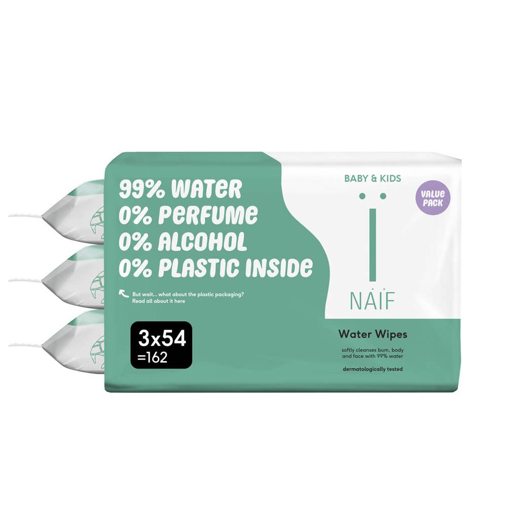 NAÏF Water Wipes. Groen-witte verpakking. Opschriften: 99% water, 0% parfum & alcohol, 0% plastic. 3x54 stuks.