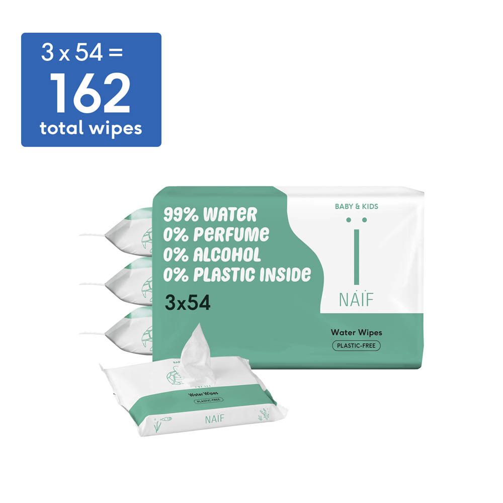 NAÏF Water Wipes. Groen-witte verpakking. Opschriften: 99% water, 0% parfum & alcohol, 0% plastic. 3x54 stuks.
