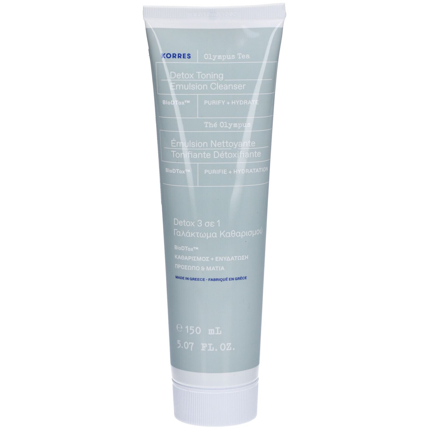 Tube Korres Detox Toning Emulsion Cleanser. Teinte gris-bleu clair. Texte en anglais et grec. Bouchon blanc.