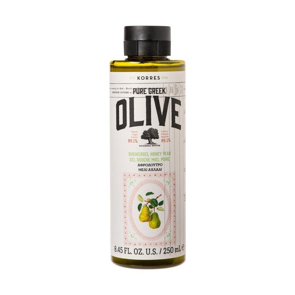 Groene vloeistof in fles met zwarte dop. Opschrift: OLIVE, Pure Greek, Honey Pear. Afbeelding van peren.