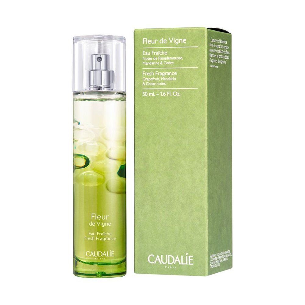 Flacon Caudalie Fleur de Vigne Eau Fraîche 50ml avec vaporisateur et boîte.