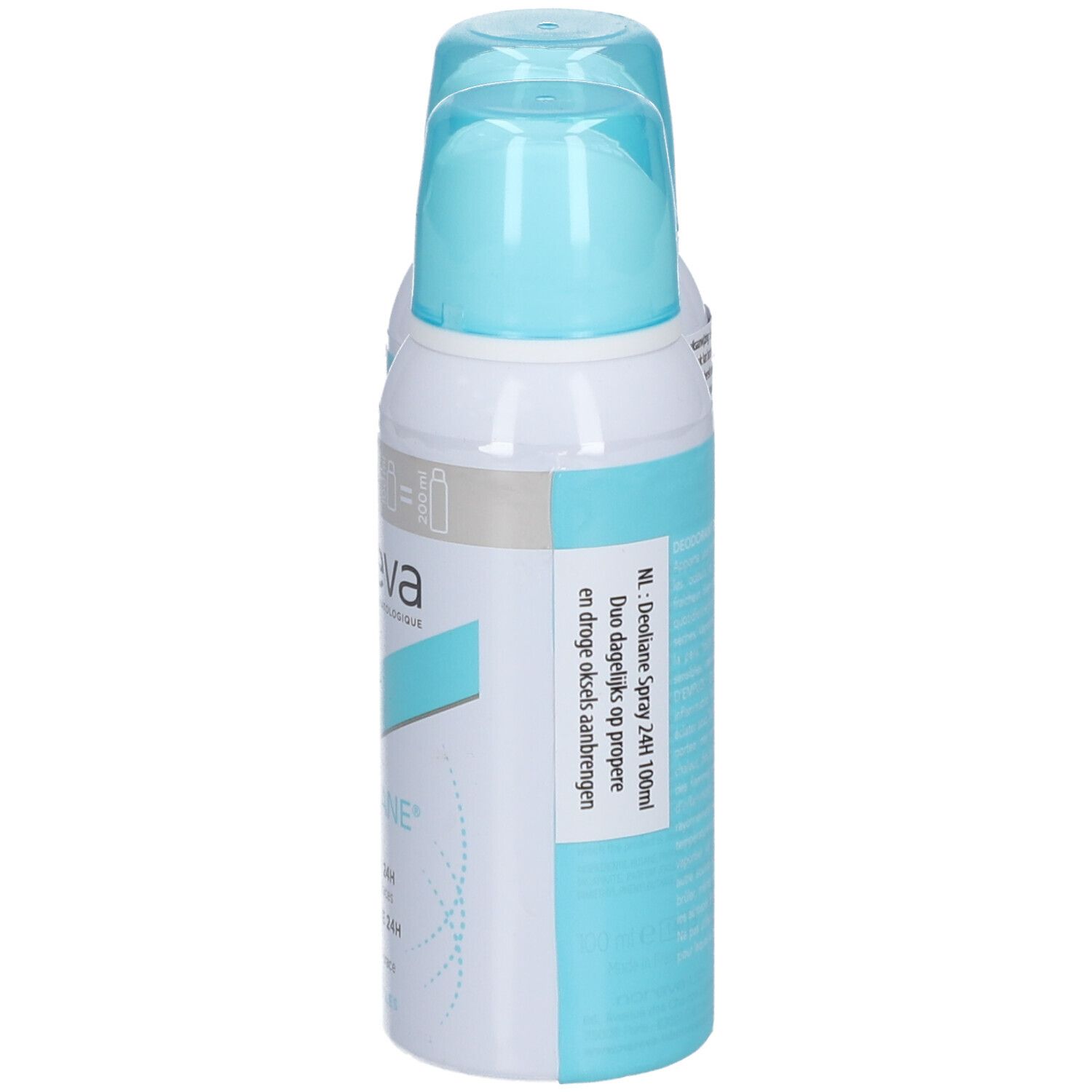 Zijkant van een Noreva Deoliane Deodorant Spray met Nederlandse productinformatie.