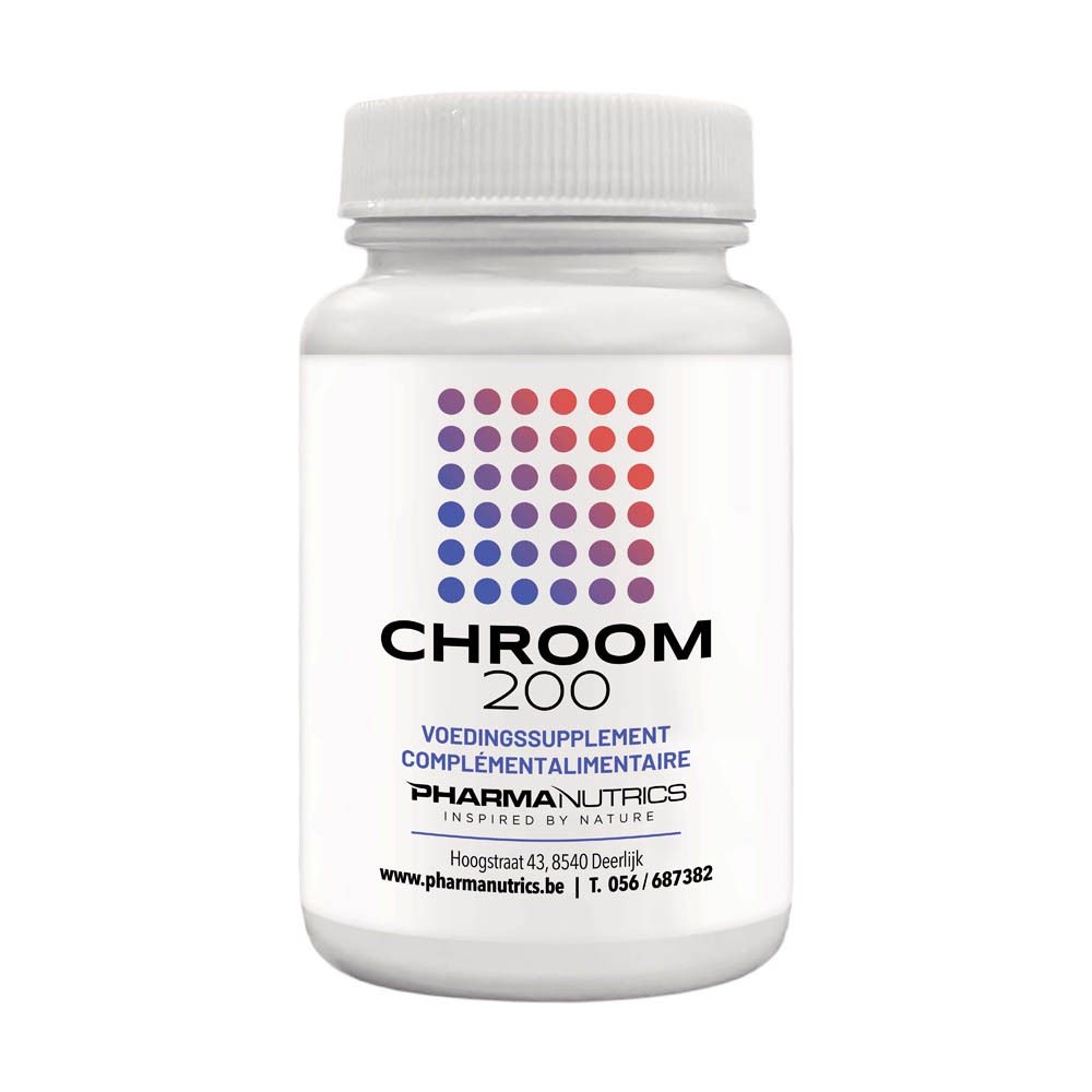Witte fles met "CHROOM 200" en "120 tabletten". Paars-rode stippen. Merk: PharmaNutrics.