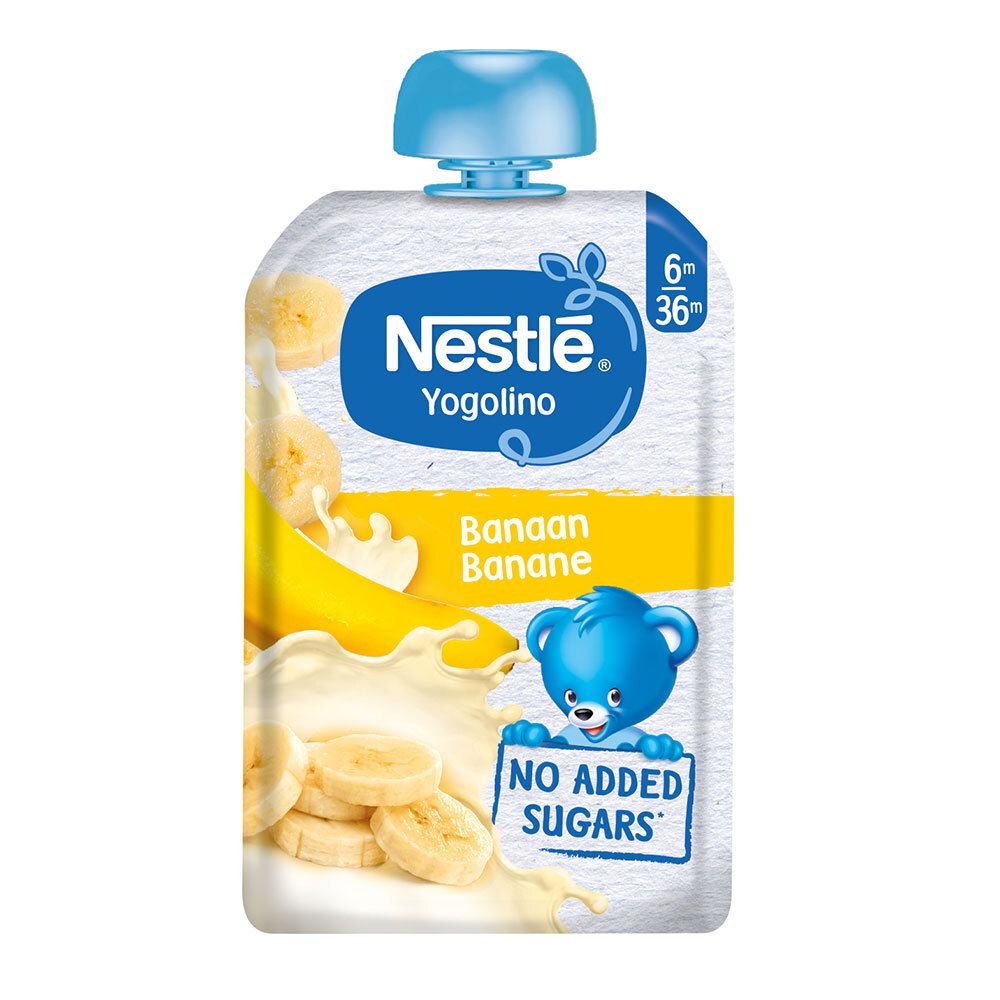 Knijpzakje Nestlé Yogolino Banaan. Blauwe tekst, gele strook, bananenillustratie. Aanbevolen voor 6-36 maanden. Zonder toegevoegde suikers.