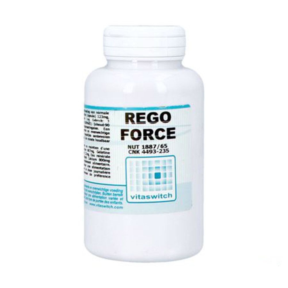 Witte fles met schroefdop. Etiket met tekst: REGO FORCE, VITASWITCH. CNK 4493-235.