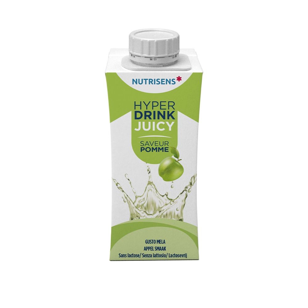 Drankverpakking HYPER DRINK JUICY, smaak appel. Merk Nutrisens. Met schroefdop.
