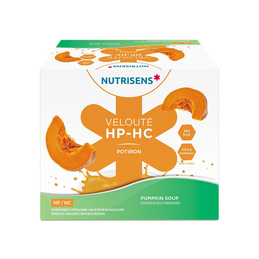 Verpakking van Nutrisens Velouté de Potiron HP/HC. Opschrift: Velouté HP-HC Potiron, pompoensoep. Pompoenpartjes en voedingswaarde-informatie afgebeeld.
