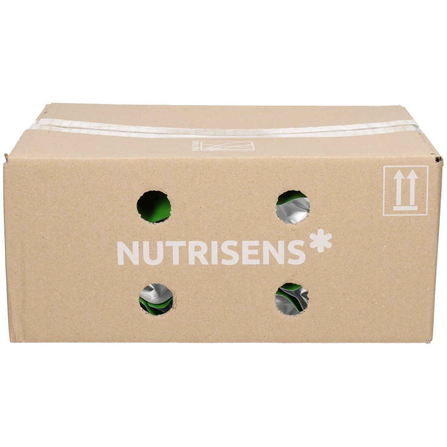 Carton avec quatre ouvertures. Inscription: Nutrisens. Visibles: contenants verts et argentés.