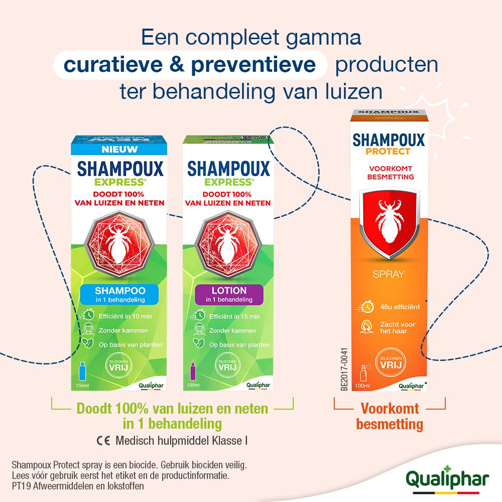 Productverpakking. Oranje ontwerp met productnaam en logo. Qualiphar-logo. 100ml.