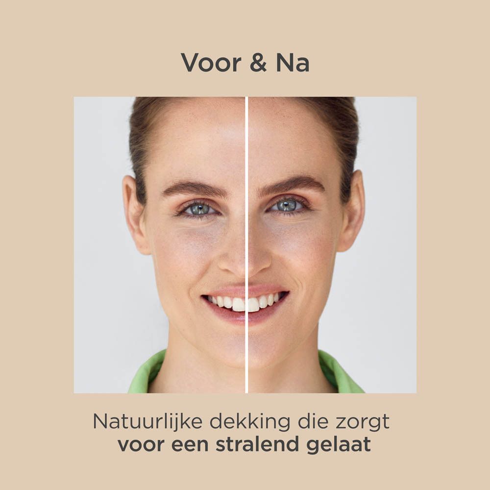 Resultaten na 4 weken. Tekst en grafieken. 90% natuurlijke finish, 83% make-up basis, 80% imperfecties, 80% ogen.