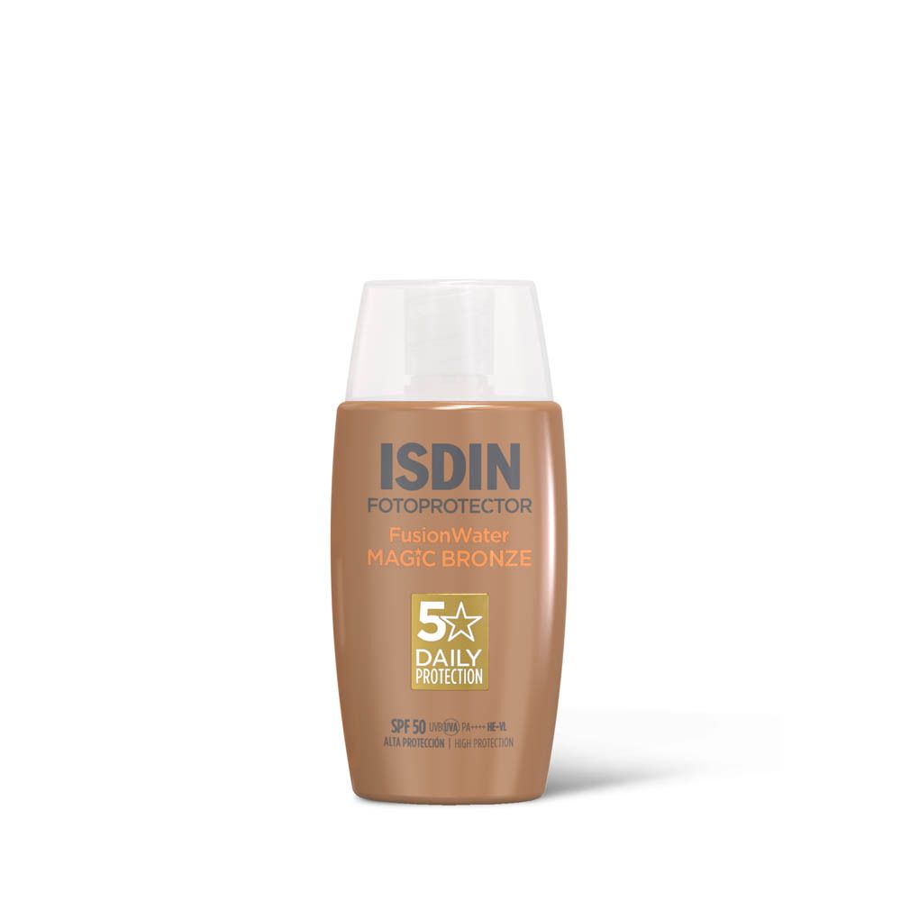 ISDIN Fotoprotector Magic Bronze fles. Bruine zonnebrandcrème met witte dop. Vooraanzicht.