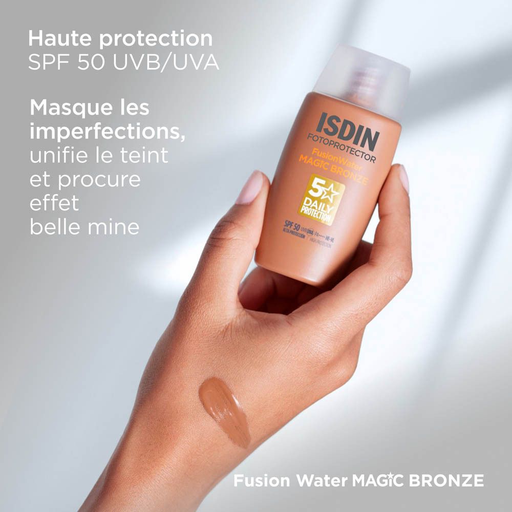 Flacon ISDIN Fotoprotector Magic Bronze. Informations et avantages du produit. Gros plan.