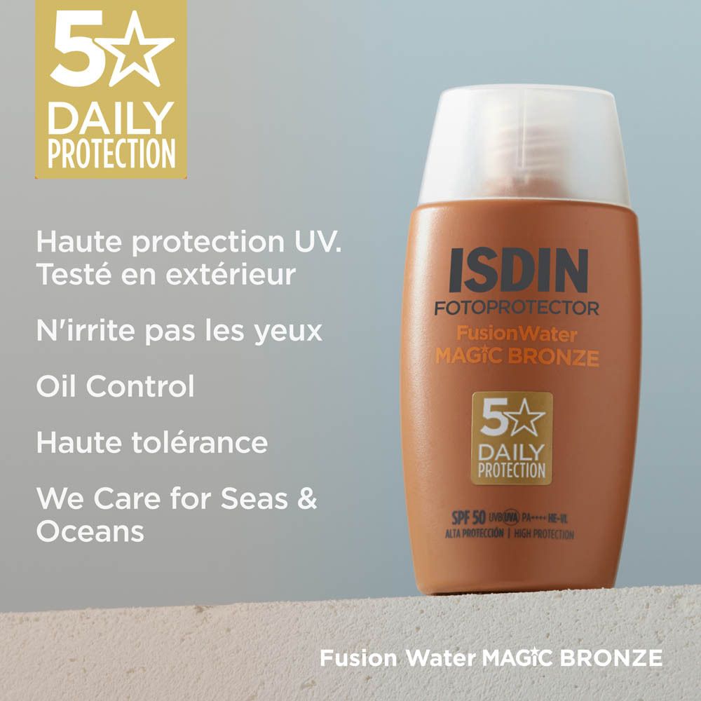 Flacon ISDIN Fotoprotector Magic Bronze. Informations et avantages du produit. Gros plan.