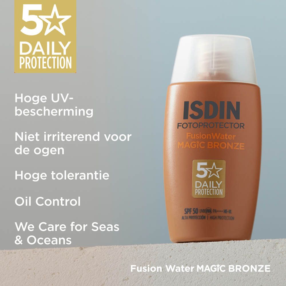 ISDIN Fotoprotector FusionWater Magic Bronze. Tekst op etiket. Productkenmerken.