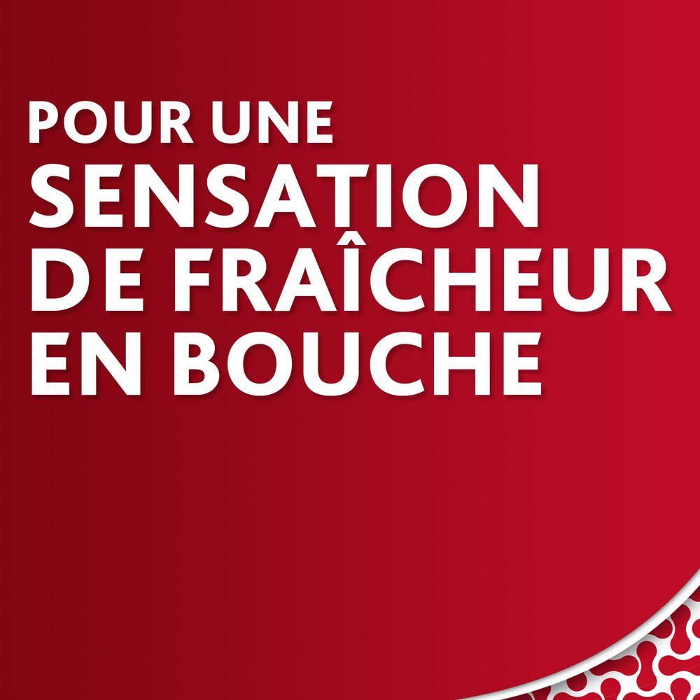Texte sur fond rouge : Pour une sensation de fraîcheur en bouche. Publicité dentifrice.