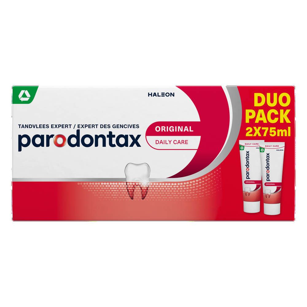 Deux tubes de dentifrice Parodontax Original et un emballage. Tubes blancs avec texte rouge et blanc.