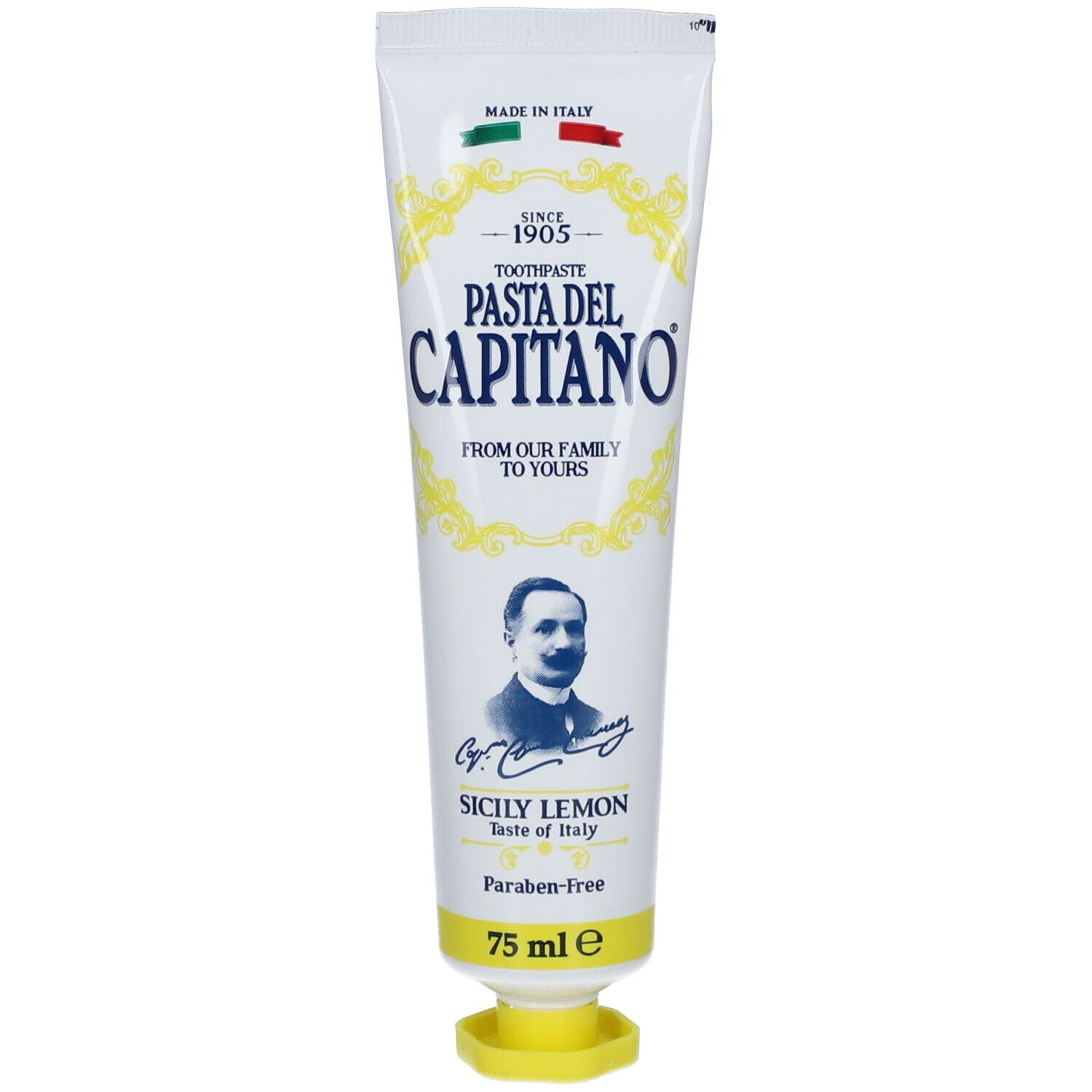 Witte en gele tandpastatube. Opschrift: Pasta del Capitano, Sicily Lemon. Bevat 75 ml.